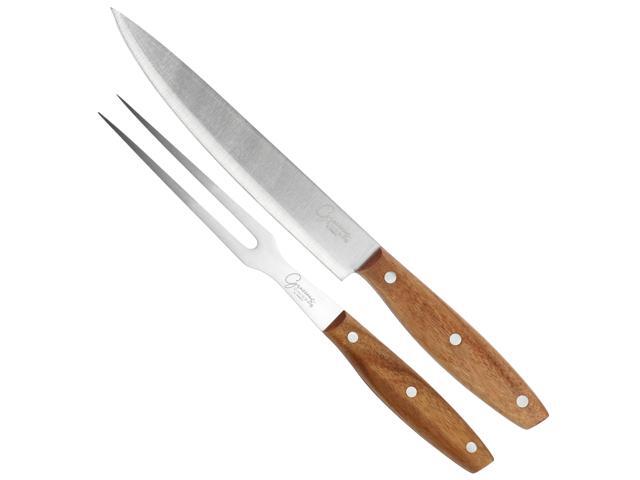Gibson Elite 3 Piece Acacia Wood Serving Board with Carving Knife and Fork in Brown