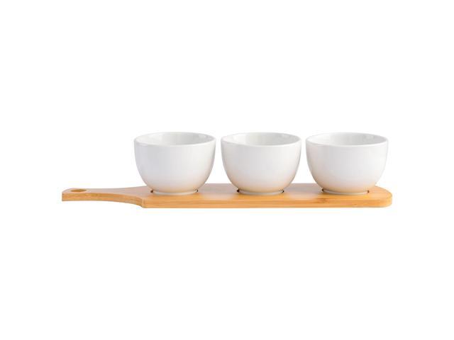 Gibson Gracious Dining 3 Piece White Fine Ceramic Tidbit Bowl Set with Bamboo Serving Tray