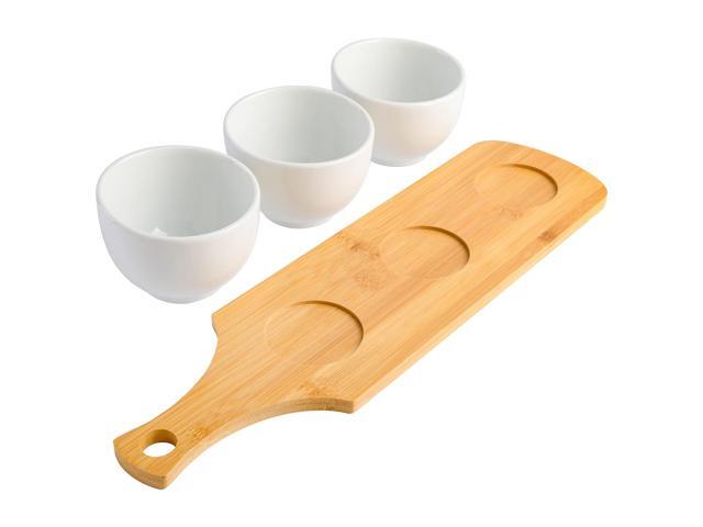 Gibson Gracious Dining 3 Piece White Fine Ceramic Tidbit Bowl Set with Bamboo Serving Tray