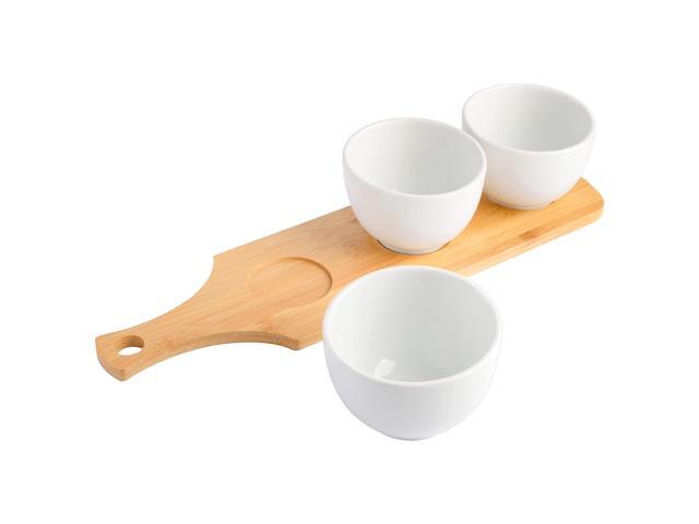 Gibson Gracious Dining 3 Piece White Fine Ceramic Tidbit Bowl Set with Bamboo Serving Tray