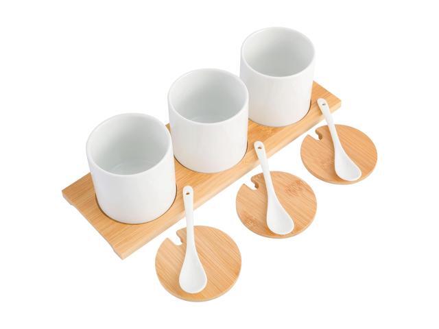 Gibson Gracious Dining 10 Piece Fine Ceramic Condiment Jars with Bamboo Lids and Spoons in White