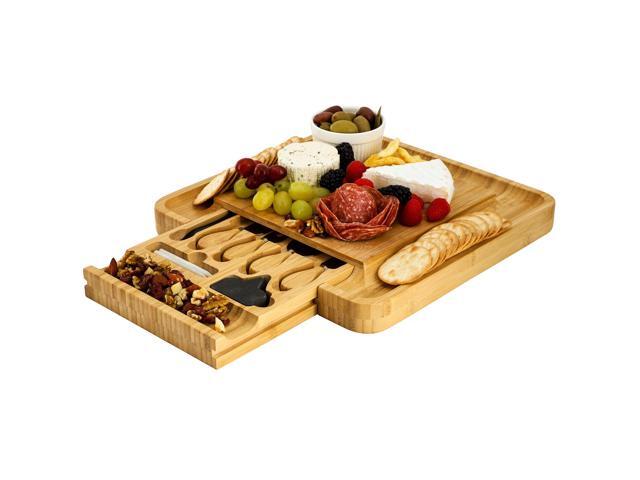 MegaChef Bamboo Charcuterie Cheese Board with Slide Out Drawer with Cheese Utensils, Bottle Opener, and 3 Piece Mini Chalkboard Set