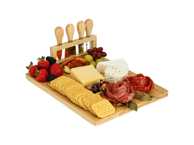 MegaChef Bamboo Charcuterie and Cheese Board with Knife Stand Attachment and 4 Piece Knife Set