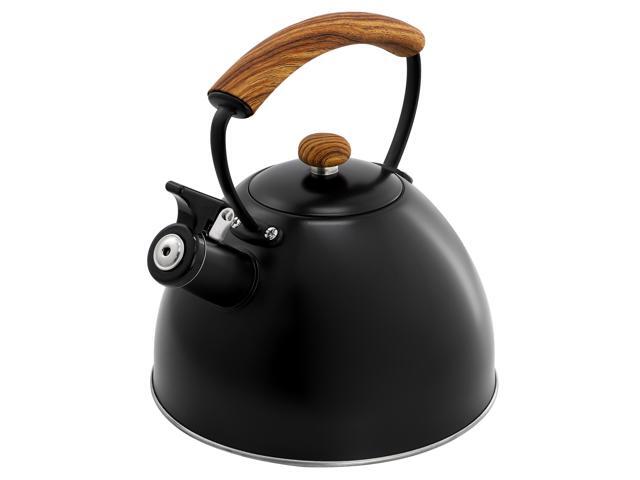 MegaChef 3.2 Quart Whistling Tea Kettle with Wood Grain Nylon Cool Touch Handle, Matte Black