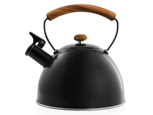 MegaChef 3.2 Quart Whistling Tea Kettle with Wood Grain Nylon Cool Touch Handle, Matte Black