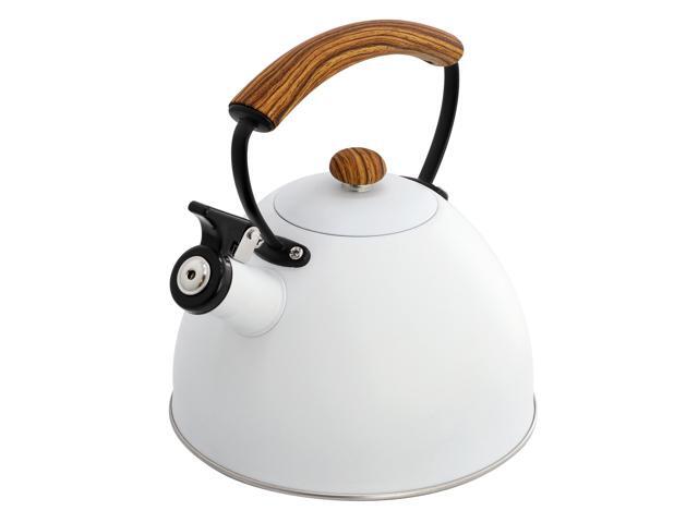 MegaChef 3.2 Quart Whistling Tea Kettle with Wood Grain Nylon Cool Touch Handle, Matte White