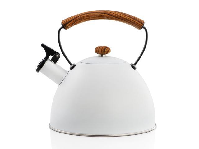 MegaChef 3.2 Quart Whistling Tea Kettle with Wood Grain Nylon Cool Touch Handle, Matte White
