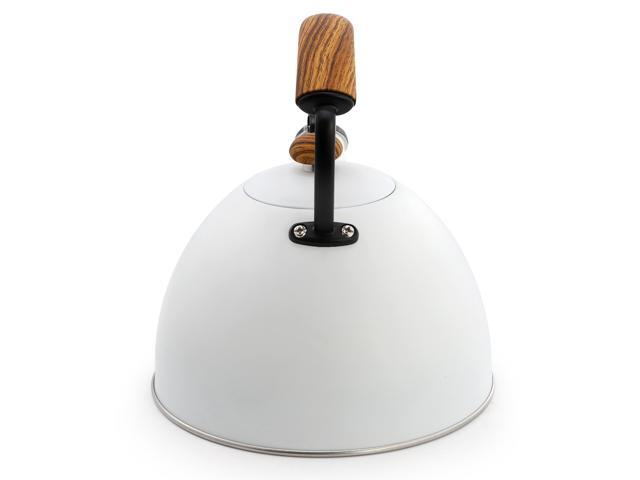MegaChef 3.2 Quart Whistling Tea Kettle with Wood Grain Nylon Cool Touch Handle, Matte White