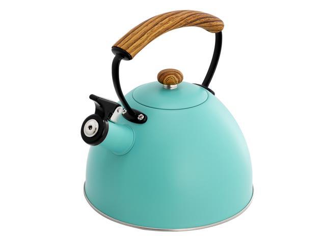 MegaChef 3.2 Quart Whistling Tea Kettle with Wood Grain Nylon Cool Touch Handle, Matte Turquoise