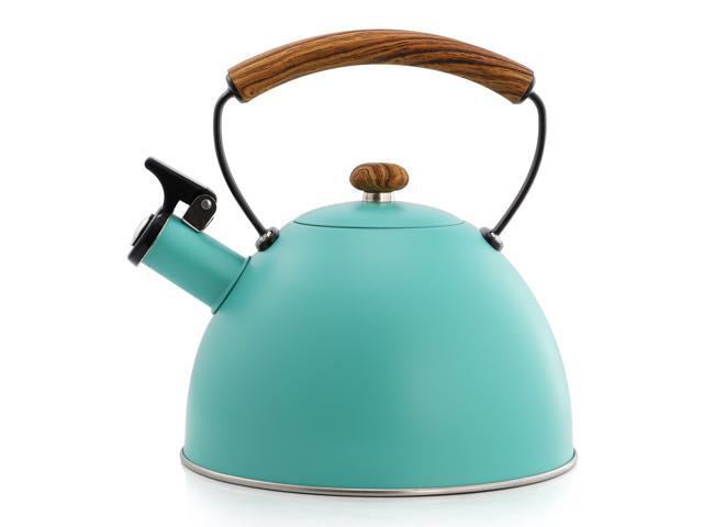 MegaChef 3.2 Quart Whistling Tea Kettle with Wood Grain Nylon Cool Touch Handle, Matte Turquoise