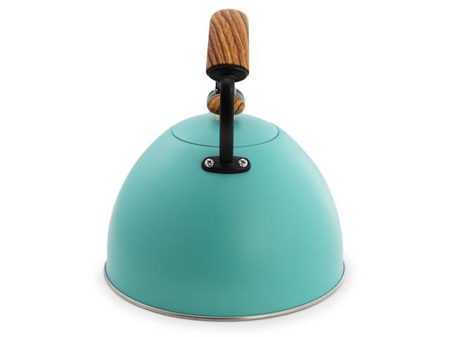 MegaChef 3.2 Quart Whistling Tea Kettle with Wood Grain Nylon Cool Touch Handle, Matte Turquoise