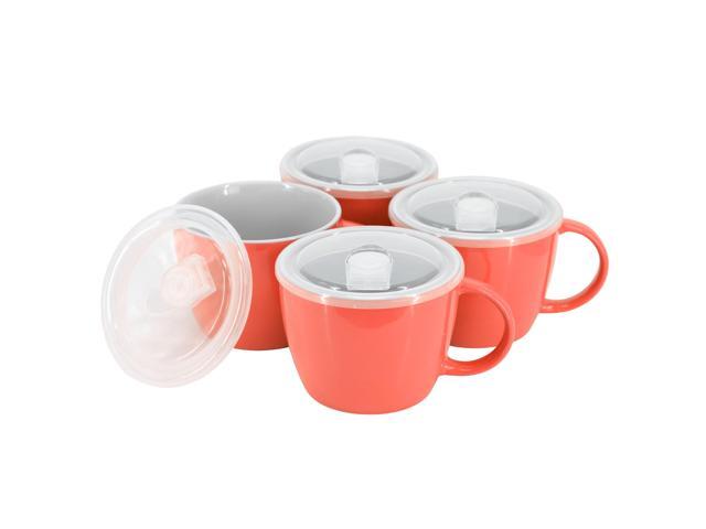 Gibson Home On The Go 4 Piece 25 Ounce Stoneware Soup Cup Set with Lid in Red