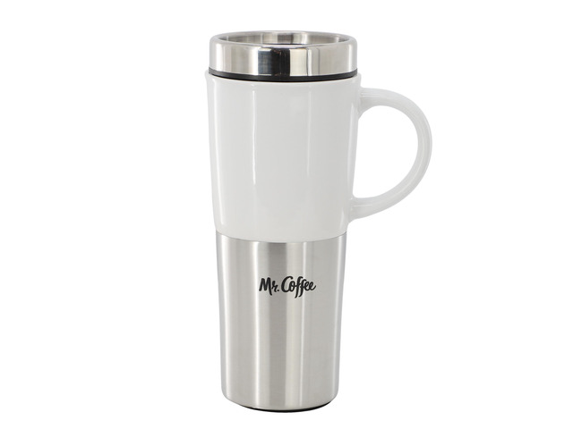 Mr. Coffee Travertine 4 Piece 16 Ounce Stoneware and Stainless Steel Travel Mug With Lid in White