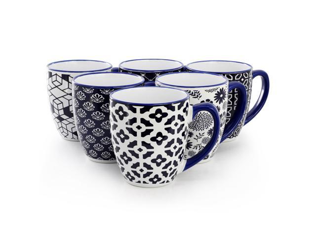 Elama Flyn 6 Piece 16 Ounce Assorted Design Stoneware Mug Set in Navy Blue and White