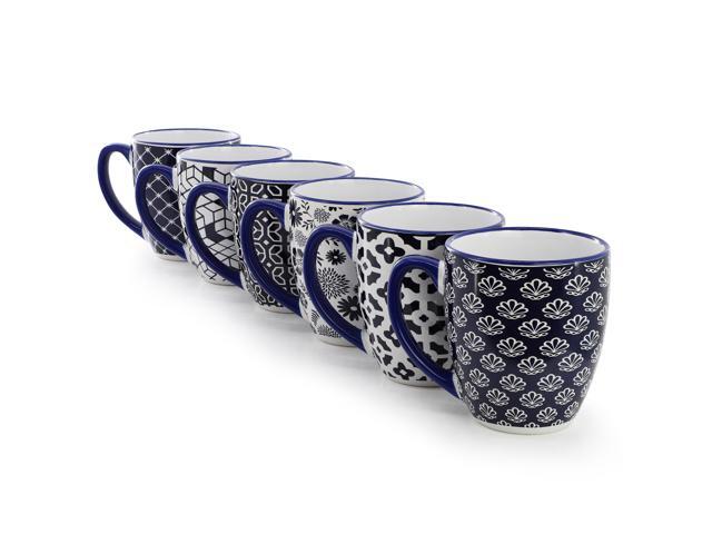 Elama Flyn 6 Piece 16 Ounce Assorted Design Stoneware Mug Set in Navy Blue and White