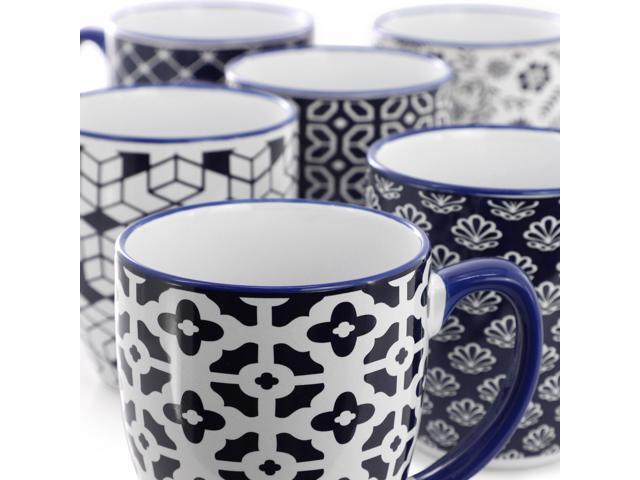Elama Flyn 6 Piece 16 Ounce Assorted Design Stoneware Mug Set in Navy Blue and White