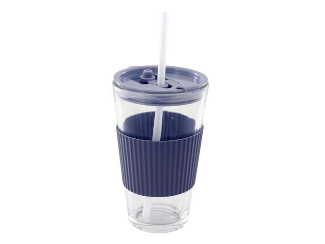 Mr. Coffee Sip Savvy 4 Piece 15 Ounce Silicone Sleeve Glass Cup Set w/ Lid and Straw in Navy