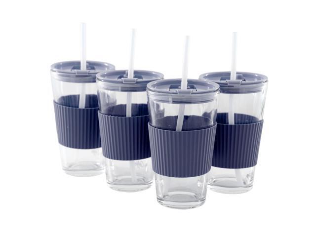 Mr. Coffee Sip Savvy 4 Piece 15 Ounce Silicone Sleeve Glass Cup Set w/ Lid and Straw in Navy