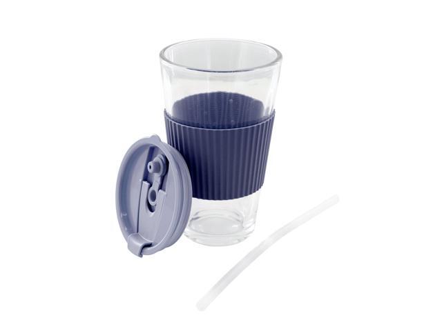 Mr. Coffee Sip Savvy 4 Piece 15 Ounce Silicone Sleeve Glass Cup Set w/ Lid and Straw in Navy
