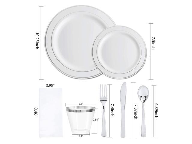 Elama 350 Piece Disposable Plastic Dinnerware Party Set for 50 Guests in White with Silver Trim