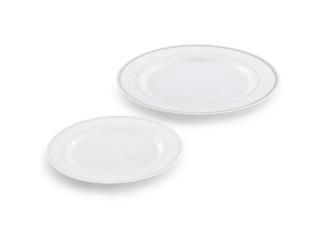 Elama 350 Piece Disposable Plastic Dinnerware Party Set for 50 Guests in White with Silver Trim