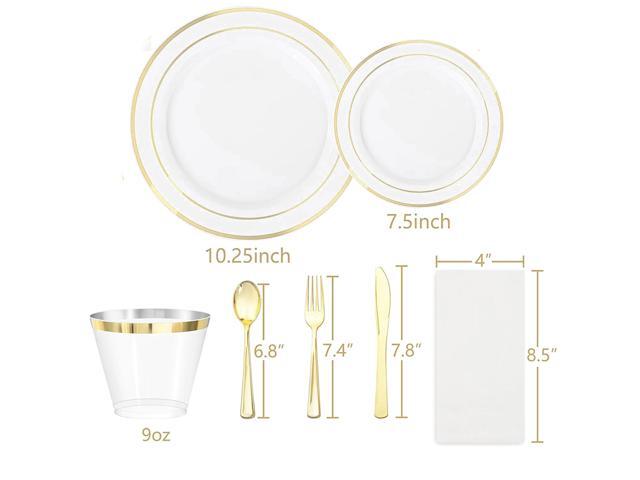 Elama 350 Piece Disposable Plastic Dinnerware Party Set for 50 Guests in White with Gold Trim