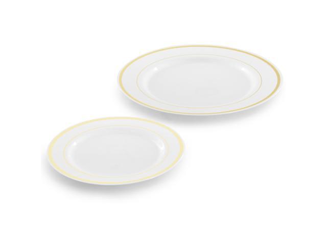 Elama 350 Piece Disposable Plastic Dinnerware Party Set for 50 Guests in White with Gold Trim