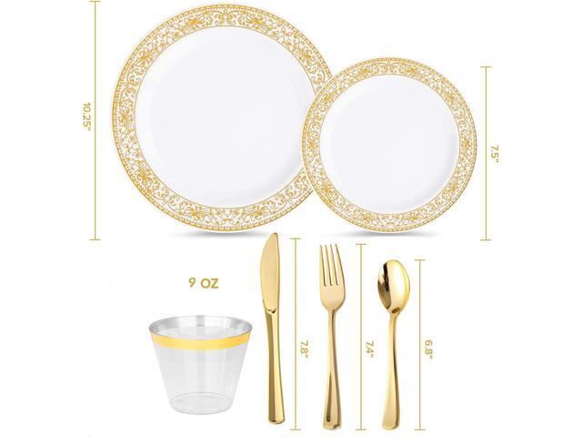 Elama 150 Piece Disposable Plastic Dinnerware Party Set for 25 Guests in White with Gold Decal Trim