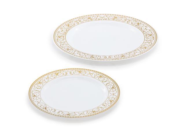 Elama 150 Piece Disposable Plastic Dinnerware Party Set for 25 Guests in White with Gold Decal Trim