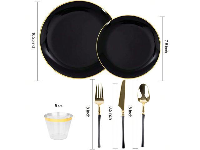 Elama 150 Piece Disposable Plastic Dinnerware Party Set for 25 Guests in Black with Gold Trim