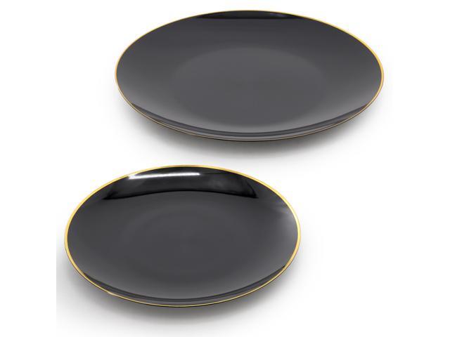 Elama 150 Piece Disposable Plastic Dinnerware Party Set for 25 Guests in Black with Gold Trim