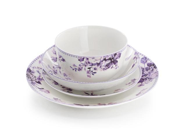 Elama Traditional Purple Rose 24 Piece Porcelain Double Bowl Dinnerware Set