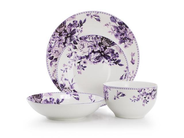 Elama Traditional Purple Rose 24 Piece Porcelain Double Bowl Dinnerware Set