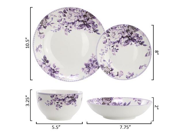 Elama Traditional Purple Rose 24 Piece Porcelain Double Bowl Dinnerware Set