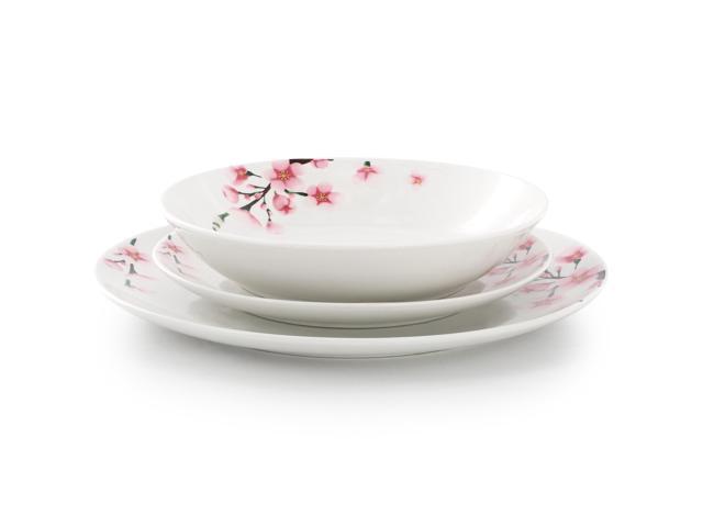 Elama Tamara 18 Piece Cherry Blossom Porcelain Dinnerware Set, Service for 6 in White and Pink