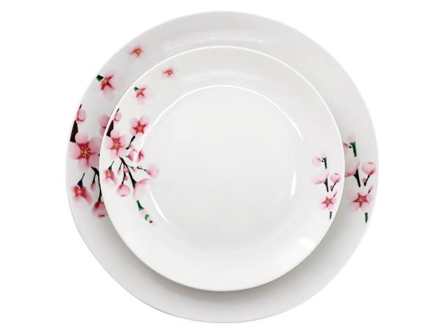 Elama Tamara 18 Piece Cherry Blossom Porcelain Dinnerware Set, Service for 6 in White and Pink