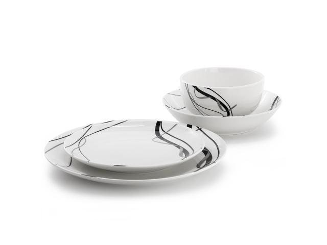 Elama Sarah 24 Piece Porcelain Black Ribbon Double Bowl Dinnerware Set, Service for 6 in White and Black