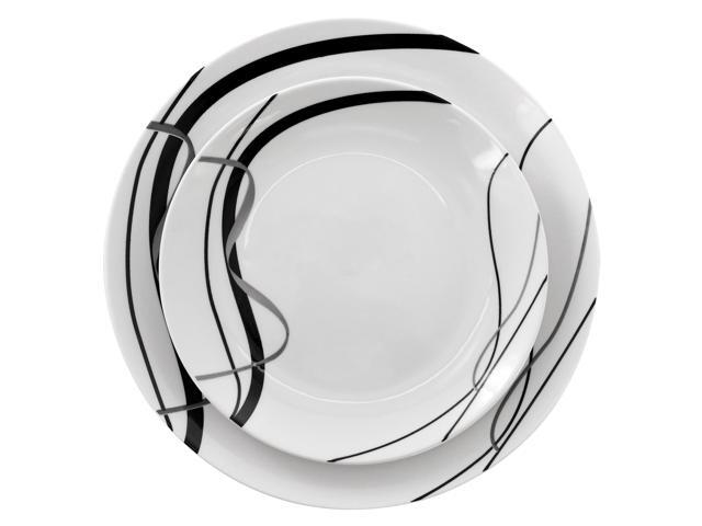 Elama Sarah 24 Piece Porcelain Black Ribbon Double Bowl Dinnerware Set, Service for 6 in White and Black