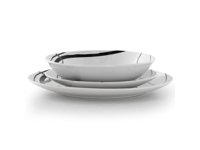 Elama Sarah 18 Piece Porcelain Ribbon Lined Dinnerware Set, Service for 6 in White and Black