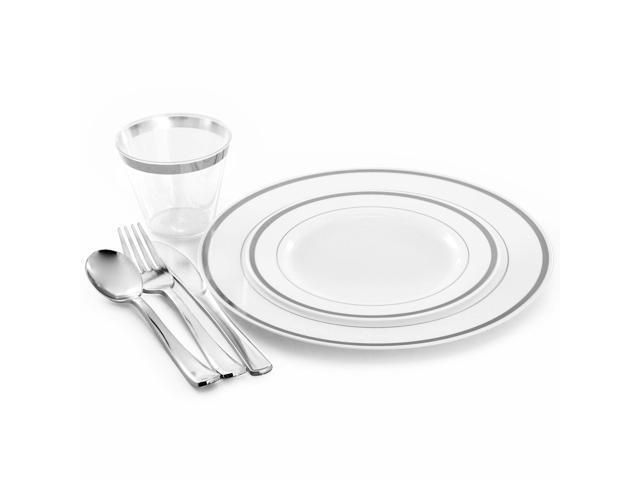 Elama 150 Piece Disposable Plastic Dinnerware Party Set for 25 Guests in White with Silver Trim
