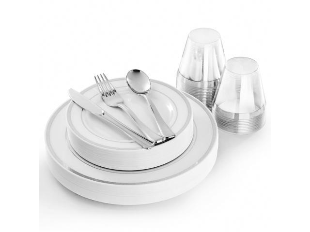 Elama 150 Piece Disposable Plastic Dinnerware Party Set for 25 Guests in White with Silver Trim