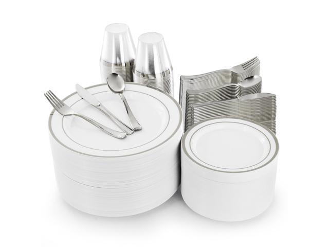 Elama 600 Piece Disposable Plastic Dinnerware Party Set for 100 Guests in White with Silver Trim