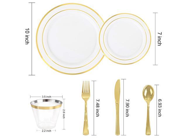 Elama 600 Piece Disposable Plastic Dinnerware Party Set for 100 Guests in White with Gold Trim