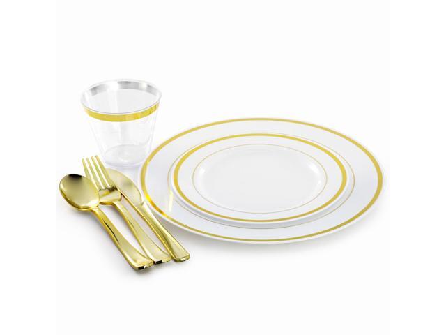 Elama 600 Piece Disposable Plastic Dinnerware Party Set for 100 Guests in White with Gold Trim