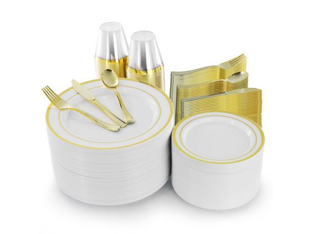 Elama 600 Piece Disposable Plastic Dinnerware Party Set for 100 Guests in White with Gold Trim