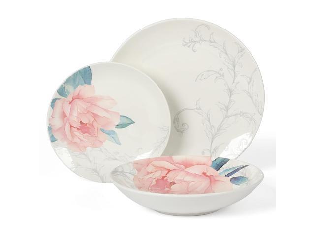 Martha Stewart Peony 12 Piece Round Fine Ceramic Dinnerware Set in White and Pink