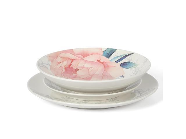 Martha Stewart Peony 12 Piece Round Fine Ceramic Dinnerware Set in White and Pink