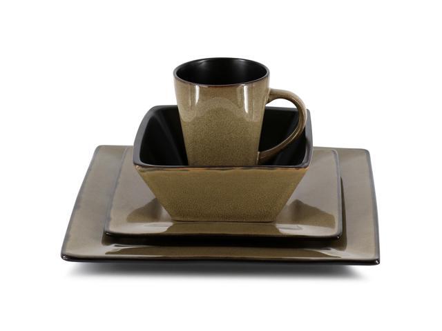 Gibson Elite Kiesling 16 Piece Hard Square Stoneware Dinnerware Set in Taupe and Black