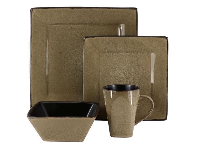 Gibson Elite Kiesling 16 Piece Hard Square Stoneware Dinnerware Set in Taupe and Black