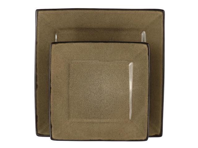 Gibson Elite Kiesling 16 Piece Hard Square Stoneware Dinnerware Set in Taupe and Black